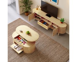 FloraGrace Woonkamerset - Verstelbare Salontafel En Tv Meubel Met Opbergruimte - MDF Naturel - 110x55,5x40 En 175x36x41 Cm