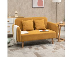 FloraGrace Zitbank 130 x 70 x 80 cm - 2-Zits Loveseat Met 2 Kussens En Verstelbare Voetdoppen - Voor Kleine Woonruimtes - Polyester - Naturel En Geel