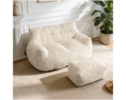 FloraGrace Zitzakstoel Met Voetenbank - Ergonomisch Loungen Voor Woonkamer Of Slaapkamer - Flanel - Wit