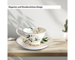 Floral Bean Porcelain Koffiemok - Europese Mok met Schotel - Vintage Bloemmotief - 200 ml - Theeparty Benodigdheden