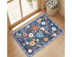Floral Vloermat, 40 *60cm, Tapijt Wasbaar Gedrukt Boheemse Schattig Tapijt, Bloem Laag Fluweel Geschikt Voor Woonkamer Kinderen En Meisjes Speelkamer Slaapkamer Keuken Kantoor Boerderij-Blauw Grijs