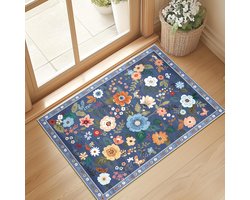 Floral Vloermat, 60 * 90cm, Tapijt Wasbaar Gedrukt Boheemse Schattig Tapijt, Bloem Laag Fluweel Geschikt Voor Woonkamer Kinderen En Meisjes Speelkamer Slaapkamer Keuken Kantoor Boerderij-Blauw Grijs