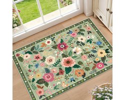 Florale Vloermat 60x90cm – Wasbaar Boheems Tapijt, Fluweel Met Bloemen, Geschikt Voor Woonkamer, Slaapkamer En Speelkamer (Groen)