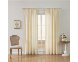 Floraweg Crèmekleurige gordijnen met franjes, geruit patroon van katoen en linnen, zachte, halfverduisterende decoratieve gordijnen voor slaapkamers en woonkamers, 132 x 220 cm, roedezakken
