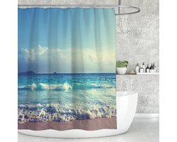 Floraweg Douchegordijn,Ocean douchegordijn, zeegolven, blauwe hemel, strand, douchegordijn, waterdicht en schimmelbestendig, voor badkamer,polyester stof, wasbaar, badgordijn,met 12 stuks douchegordijnhaken 180 x 200cm