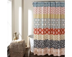Floraweg Douchegordijn,Shower Curtain,badgordijn,badkamergordijn,Boheemse Streep Turquoise & Oranje - Betoverend en Stoutmoedig Kleurrijk, digitale printen -Anti Schimmel - Inclusief 12 ringen – Waterdicht -Wasbaar- Polyester - 180x200 cm