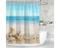 Floraweg Douchegordijn,Stof strand douchegordijn anti-schimmel wasbaar blauwe oceaan landschap, Zeeshell Starfish Tropical 3D douchegordijnen badkamer waterdicht verzwaard met 12 stuks douchegordijnhaken 180X180cm