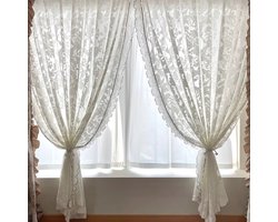 Floraweg: Franse vintage vitrage met jacquardpatroon, luxe witte vitrage die enigszins lichtwerend is, geschikt voor slaapkamers, woonkamers en erkerramen. Afmetingen: 132 x 160cm