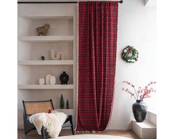 Floraweg gordijnen in Scandinavische stijl met rode ruitjes en franjes, halfverduisterend, Amerikaanse landhuisstijl, decoratieve gordijnen voor de woonkamer en het balkon, 140 x 220 cm