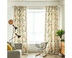 Floraweg, gordijnen met bloemenprint in Amerikaanse countrystijl; verduisterende stof van een katoen-linnenmix; vintage kanten gordijnen met bloemenprint voor de woonkamer en slaapkamer, 132 x220 cm