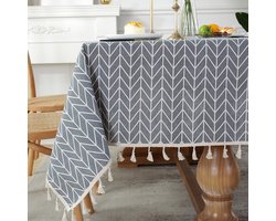 Floraweg Katoen-linnen tafelkleed in Scandinavische stijl met grijze achtergrond en visgraatpatroon, rechthoekig tafelkleed met franjes, afdekdoek voor salontafel,140x228cm