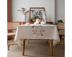 Floraweg: retro tafellaken in katoen en linnen in Franse stijl, met geborduurde plantenmotieven en franjes; geschikt als tafellaken of als hoes voor de salontafel,140x228cm