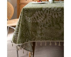 Floraweg tafelkleed in Franse retro-stijl met olijfgroene bladerenprint, rechthoekig tafelkleed met franjes, afdekdoek voor salontafel,140x228cm