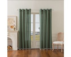 Floraweg vintage groene gordijnen met stippen – Frans katoen-linnen met franjes – crèmekleurige halfverduisterende gordijnen voor slaapkamers en woonkamers, 140 x 220 cm, met haakjes ringen