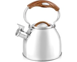 Florina Joe fluitketel geborsteld RVS zilver / bruin 2.5 Liter - geschikt voor alle warmtebronnen - inklapbaar handvat - perfect voor op de camping