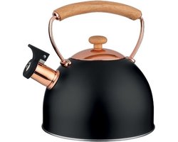 Florina Rose Limited Edition fluitketel RVS mat zwart met rosé 2.5 Liter - ook geschikt voor inductie - koud blijvend houten handvat - unieke rosé goudkleurige accenten