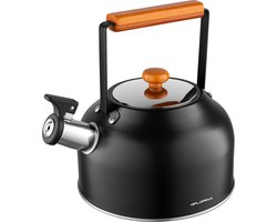 Florina Tokyo fluitketel RVS mat zwart 2.5 Liter - geschikt voor alle warmtebronnen ook inductie - massief houten handvat - Japans design - waterketel