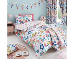 Flower Garden - Dekbedovertrek - Eenpersoons - Bloemen - Vlinders - Regenboog - Dekbed - 140 x 200 cm. - wit