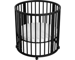 Flowsense Baby Box – Ronde Speelbox Playpen – FSC Hout – Met Matras – Verstelbare Hoogtes – Wielen - Zwart