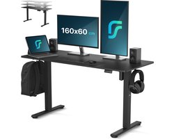 Flowsense Zit Sta Bureau - Verstelbaar Elektrisch Game Bureau - Incl. Headsethouder en Kabelgoot - 160 x 60 cm - Zwart
