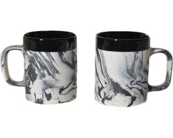 Floz koffiekop - theekop - stoneware - combi ruw steen en glad aardewerk - zwart marmerlook - fairtrade - set van 2