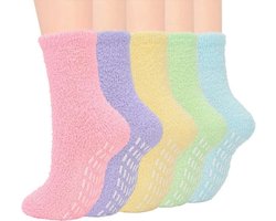 Fluffy Dames Sokken - Antislip sokken - 5 paar - huissokken - sleep sokken - slof sokken - Noppen op de zool - Drukvrije boord - paars - geel - roze - 36 - 40 - warm - zacht - cadeau voor haar - gift