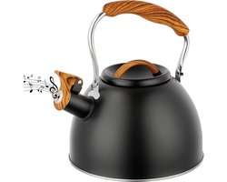 Fluitketel 3-L roestvrijstalen fornuis-bovenketel met houtnerf handvat en hoog fluitje - retro stijl theepot voor keuken gasfornuis inductiekookplaat