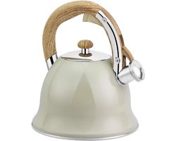 Fluitketel 3,0 liter - Theeketel met houtlook handvat - Waterketel inductie - Roestvrij staal - Inductiekookplaat gasfornuis elektrisch fornuis - Beige