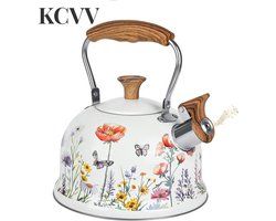 Fluitketel camping-fluitketel inductie-Theepot - 3-liter sodakoker - Kooktoestelkoker met gasboiler - met hittebestendig houten handvat - Roestvrijstalen kooktoestelkoker - Wit
