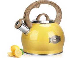 Fluitketel RVS 2.1 Liter voor Alle Fornuizen - Gele Waterkoker met Houten Handvat