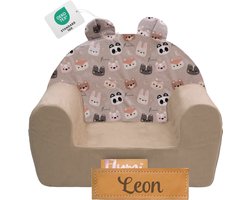 Flumi - Kinderfauteuil van schuim - Kinderstoel beige met berenprint - Met oortjes - Gepersonaliseerd met naamgravure