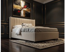 Fluweel Bed 120x200 cm met Opklapbare Opbergruimte - Gestoffeerd Tweepersoonsbed met Groot Hoofdeinde, Lattenbodem & Gasdrukcilinder - Houten Frame Beige - Mobili Bella
