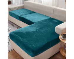 Fluweel stretch bankovertrek voor L-vorm chaise longue hoekbank - blauwgroen - zitkussen 4-zits hoekbank hoes stretch