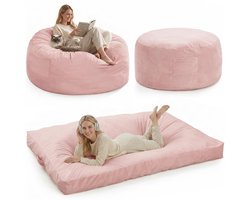 Fluweel Zitzak 2-in-1 - Beanbag Bed en Lounger - Fluweel Zacht - Afneembare Wasbare Hoes - Gamer Vloerbank voor Woonkamer, Slaapkamer - Roze
