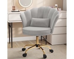 Fluwelen Bureaustoel met Wieltjes – Velours Make-up Stoel Verstelbaar & Draaibaar met Gouden Onderstel – Kaptafelstoel voor Slaapkamer, Thuiswerkplek en Salon,Grijs