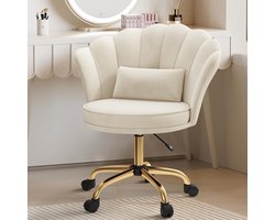 Fluwelen Bureaustoel met Wieltjes – Velours Make-up Stoel Verstelbaar & Draaibaar met Gouden Onderstel – Kaptafelstoel voor Slaapkamer, Thuiswerkplek en Salon,Beige