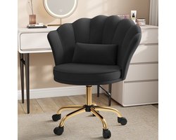 Fluwelen Bureaustoel met Wieltjes – Velours Make-up Stoel Verstelbaar & Draaibaar met Gouden Onderstel – Kaptafelstoel voor Slaapkamer, Thuiswerkplek en Salon,Zwart