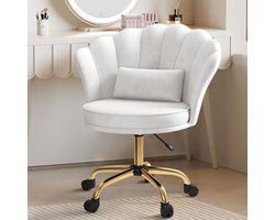 Fluwelen Bureaustoel met Wieltjes – Velours Make-up Stoel Verstelbaar & Draaibaar met Gouden Onderstel – Kaptafelstoel voor Slaapkamer, Thuiswerkplek en Salon,Wit