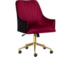 Fluwelen Bureaustoel Rood/Zwart， Extra Brede Zitting - Met Gouden Metalen Frame & Wieltjes， Hoogte Verstelbaar en Draaibaar