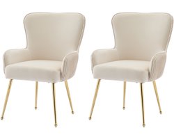 Fluwelen eetkamerstoel - set van 2 - woonkamer - slaapkamer - loungestoel - met armleuningen en verstelbare poten - lendensteun - beige en goud