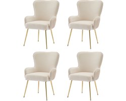 Fluwelen eetkamerstoel - set van 4 - woonkamer - slaapkamer - loungestoel - met armleuningen en verstelbare poten - lendensteun - beige en goud