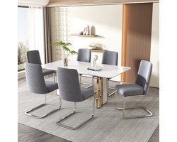 Fluwelen eetkamerstoel - Set van 6 - Luxe, woonkamer, slaapkamer, lounge stoel - Ruitvormige rugleuning met goudkleurige metalen steunpoten - Grijs Zilver