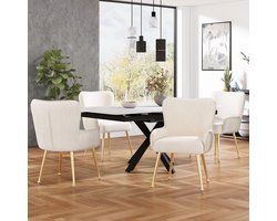 Fluwelen Eetkamerstoelen, 4-delige set, luxe, Woonkamer, Slaapkamer, Loungefauteuil met vier Gouden Metalen Steunpoten, Met Armleuningen en Verstelbare Voeten, Lendensteun, Beige