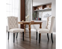 Fluwelen Eetkamerstoelen 4-delige set met eiken poten, Knoopaccent, Chrombeslag en kopschroefdetails Slaapkamerstoel Keukenstoel Woonkamer Lounge Relaxstoel, Beige