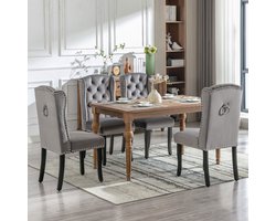 Fluwelen Eetkamerstoelen 4-delige set met eiken poten, knoopaccent, chrombeslag en kopschroefdetails Slaapkamerstoel Keukenstoel Woonkamer Lounge Relaxstoel, Grijs