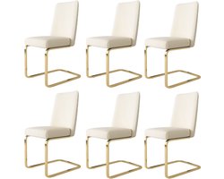 Fluwelen eetkamerstoelen - Lounge stoelen - Luxe stoelen - Ruitpatroon - Metalen poten - Comfortabel - Woonkamer - Set van 6 - Beige