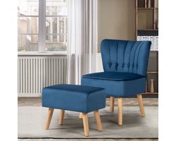 Fluwelen fauteuil zonder armleuningen – Gestoffeerde relaxstoel met ottoman, huidvriendelijk materiaal, blauw