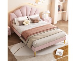 Fluwelen, gestoffeerd bed, 140*190 cm, tweepersoonsbed, schelpvormig bed met gouden ijzeren poten, in hoogte verstelbaar hoofdeinde, houten lattenbodem