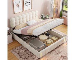 Fluwelen Gestoffeerd Bed Boxspring 160x200 cm met Opbergruimte en Lattenbodem,Tweepersoonsbed Met Hydraulische Hendel,Opbergbed,Bedframe met Led Verlichting,Beige,Zonder Matras