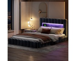 Fluwelen Gestoffeerd Boxspring Bed 180x200 cm Met Opbergruimte en Lattenbodem - Tweepersoonsbed Met USB-C - Hydraulisch Opbergbed Met LED - Grijs - Zonder Matras